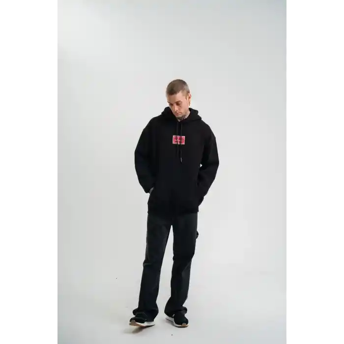 Double Oversize Kapşonlu Dijital Patchli SweatShirt - Siyah