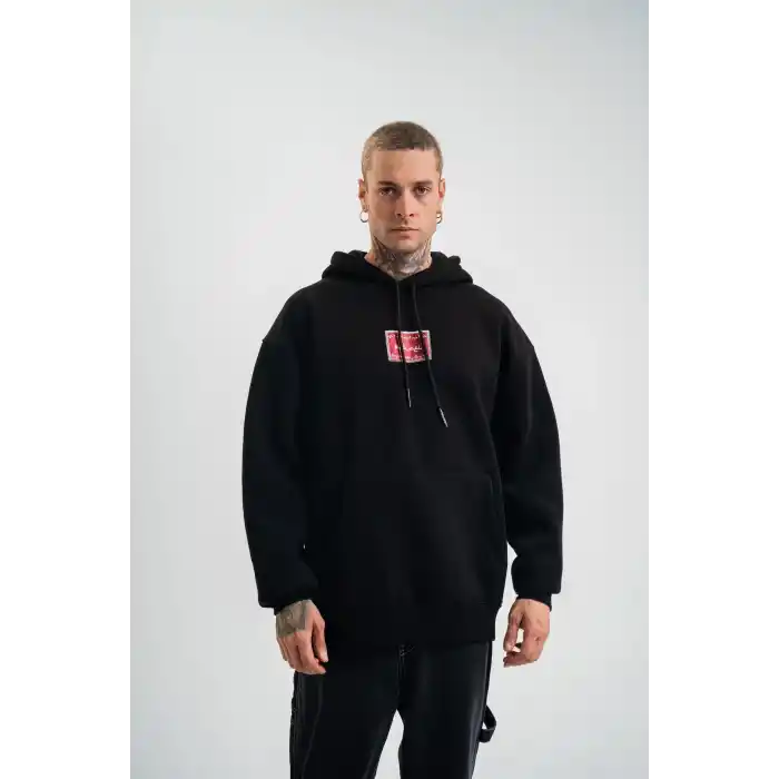 Double Oversize Kapşonlu Dijital Patchli SweatShirt - Siyah