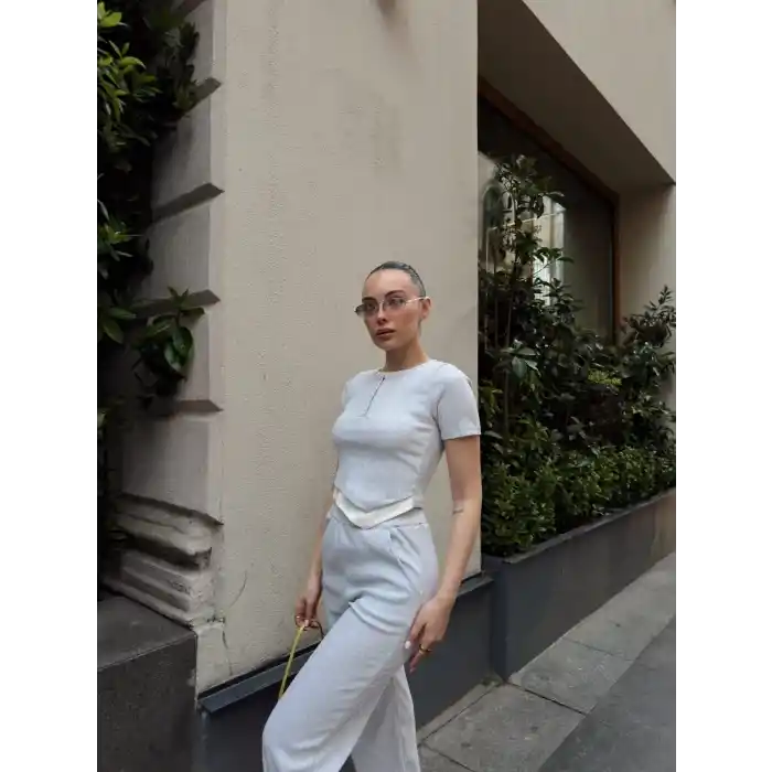 Düğme yakalı gri alt üst takım s3943