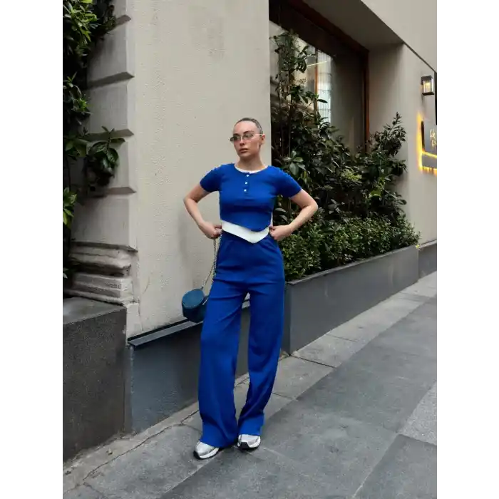 Düğme yakalı saks alt üst takım s3943