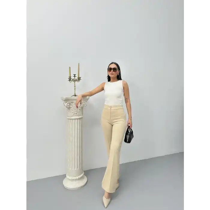 Düğmeli Palazzo pantolon bej p170091