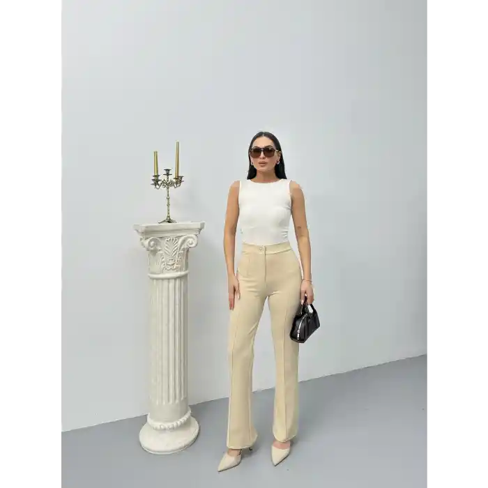 Düğmeli Palazzo pantolon bej p170091