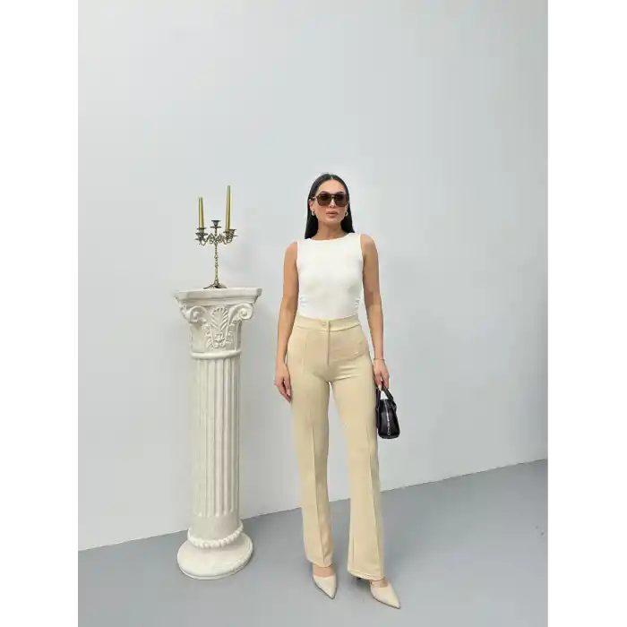 Düğmeli Palazzo pantolon bej p170091