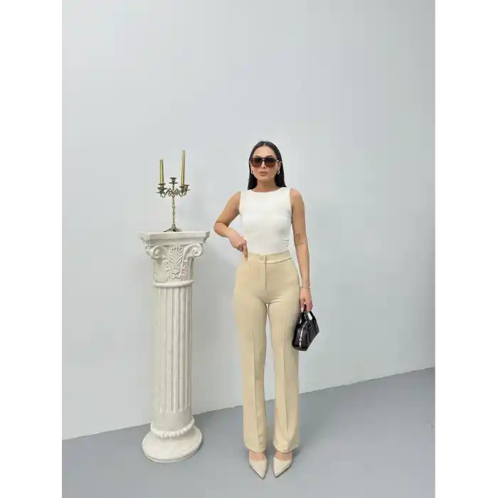 Düğmeli Palazzo pantolon bej p170091
