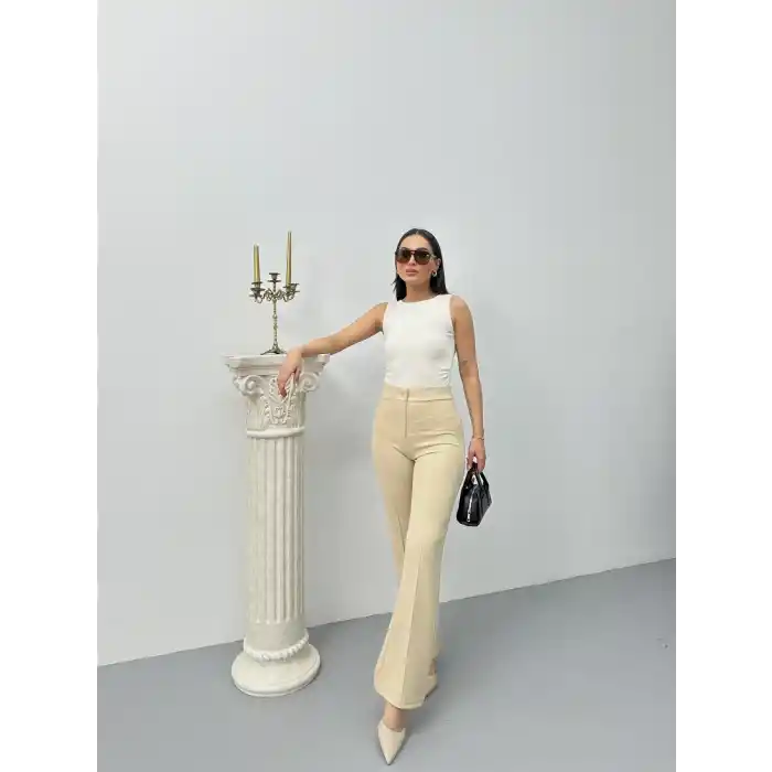 Düğmeli Palazzo pantolon bej p170091