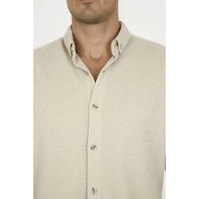 Düğmeli Tam Kalıp Uzun Kol Jakar Gömlek - Gri