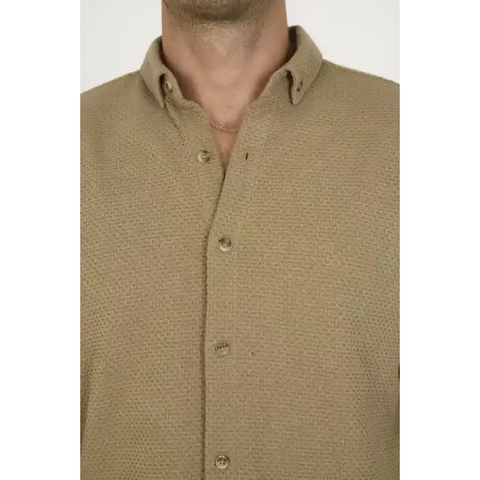 Düğmeli Tam Kalıp Uzun Kol Jakar Gömlek - Kahverengi