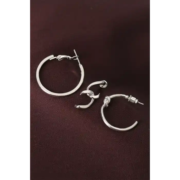 Düğüm Model Gümüş Renk Metal Çoklu Halka Küpe