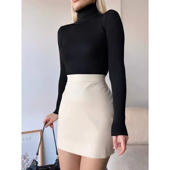 Düz deri etek bej h24468