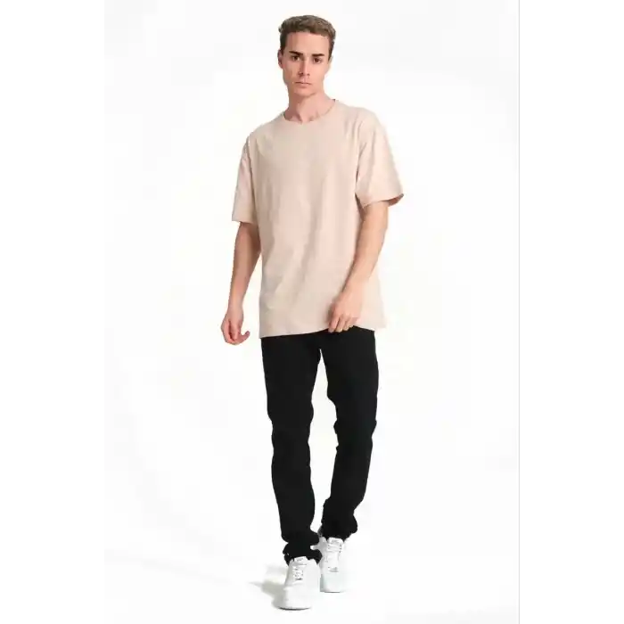 Erkek 24/1 Düz A Kalite Oversize T-shirt - Bej