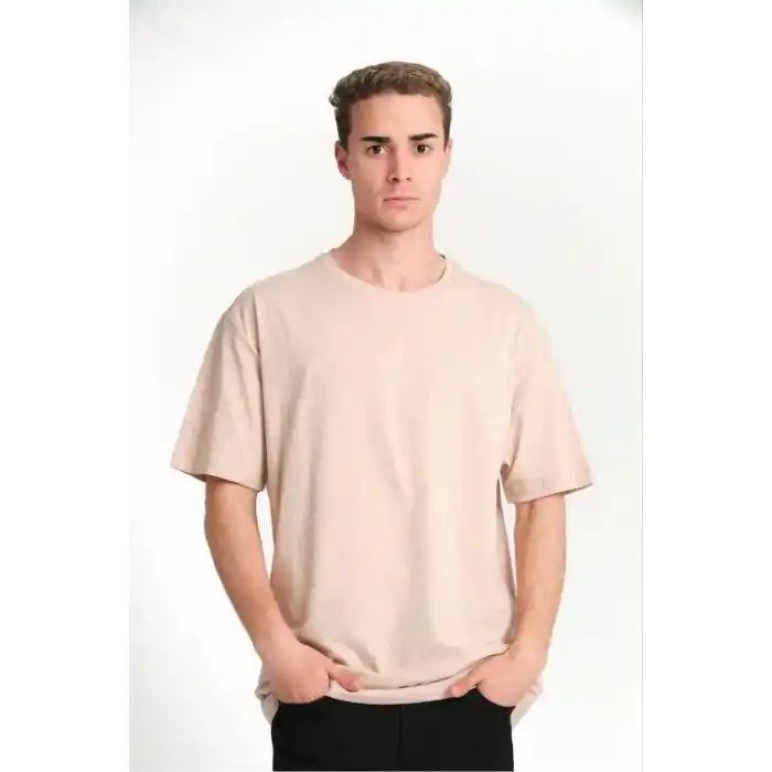 Erkek 24/1 Düz A Kalite Oversize T-shirt - Bej