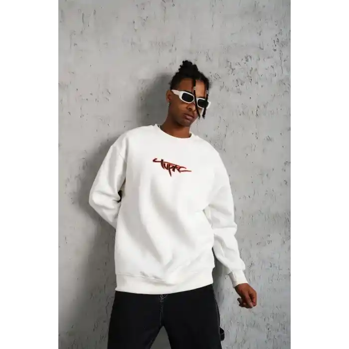 Erkek 3 İplik Gangster Baskılı Sweatshirt - Beyaz