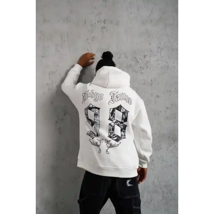Erkek 98 Baskılı Kapşonlu Sweat - Beyaz