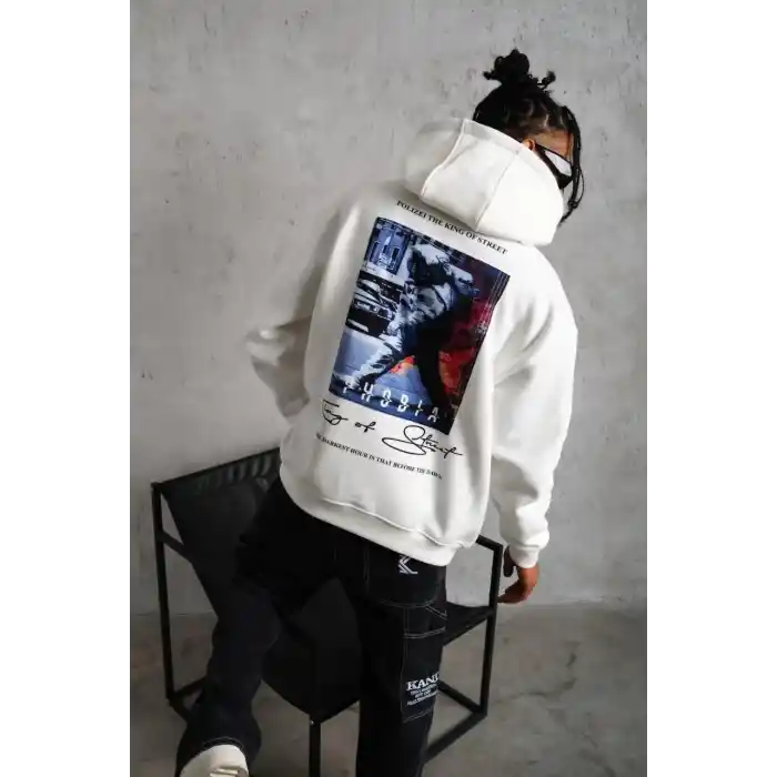 Erkek Astronot Baskılı Kapüşonlu Sweat - Beyaz