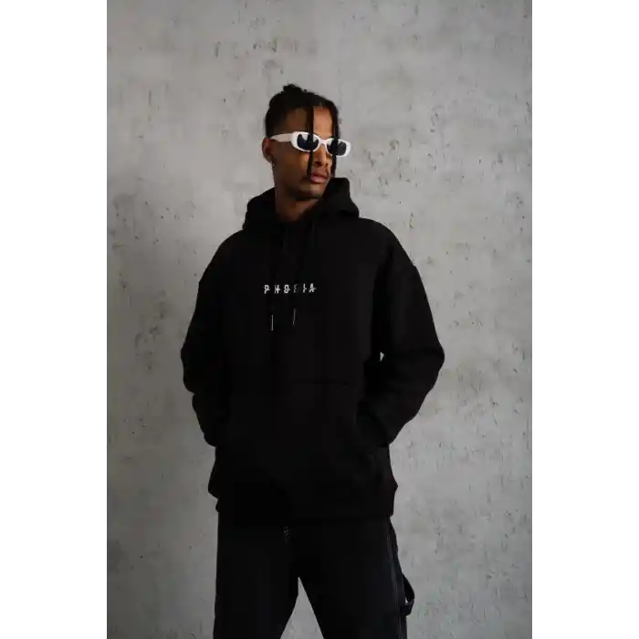 Erkek Astronot Baskılı Kapüşonlu Sweat - Siyah