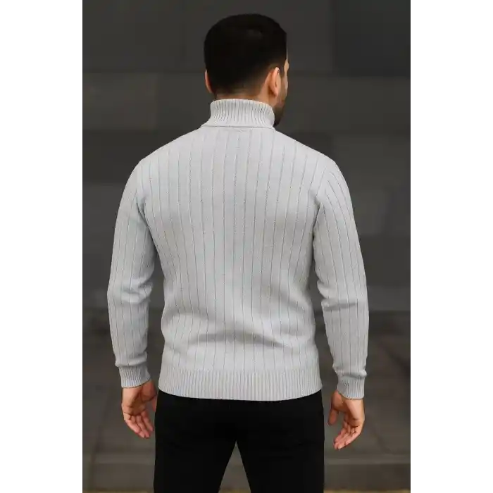 Erkek Balıkcı Yaka Bağazlı Triko Kazak Pamuklu Kalın Fitilli Dokuma, Regular Fit Uzun Kollu Kışlık Model - Gri