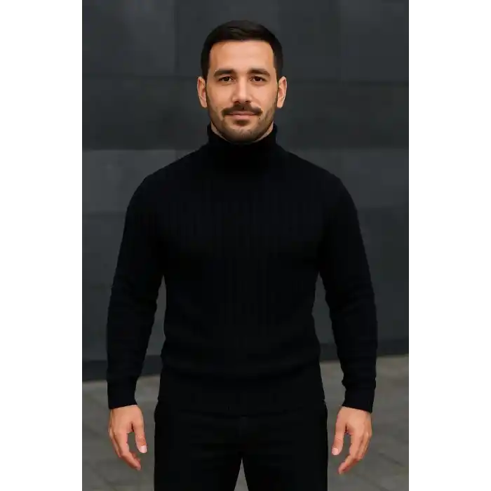 Erkek Balıkcı Yaka Bağazlı Triko Kazak Pamuklu Kalın Fitilli Dokuma, Regular Fit Uzun Kollu Kışlık Model - Siyah