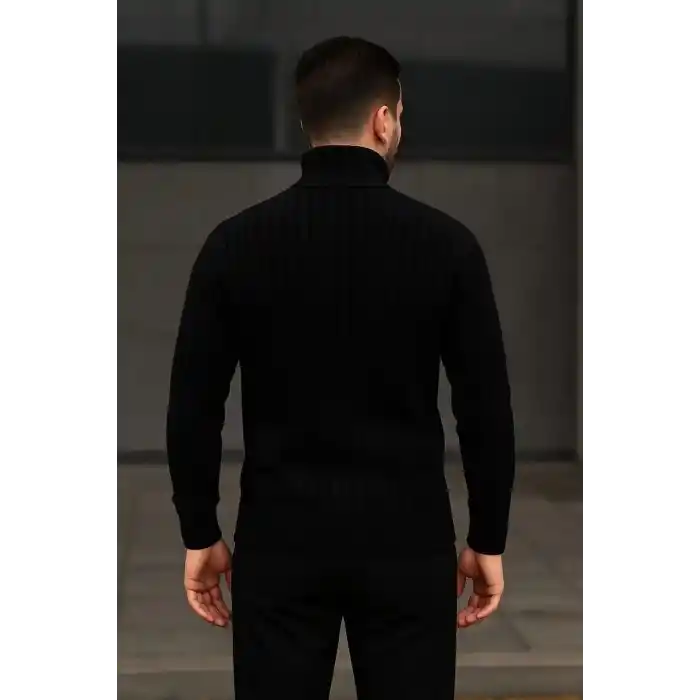 Erkek Balıkcı Yaka Bağazlı Triko Kazak Pamuklu Kalın Fitilli Dokuma, Regular Fit Uzun Kollu Kışlık Model - Siyah