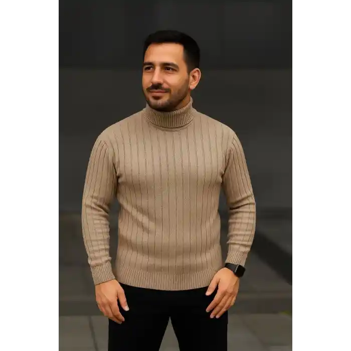 Erkek Balıkcı Yaka Bağazlı Triko Kazak Pamuklu Kalın Fitilli Dokuma, Regular Fit Uzun Kollu Kışlık Model - Bej