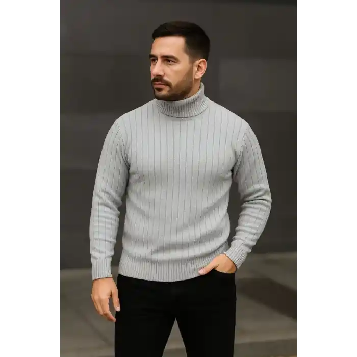 Erkek Balıkcı Yaka Bağazlı Triko Kazak Pamuklu Kalın Fitilli Dokuma, Regular Fit Uzun Kollu Kışlık Model - Gri