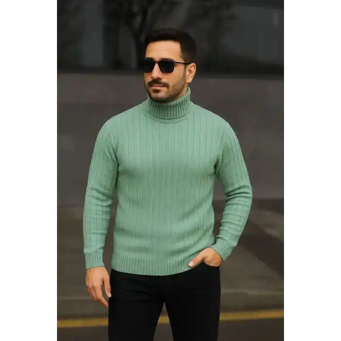 Erkek Balıkcı Yaka Bağazlı Triko Kazak Pamuklu Kalın Fitilli Dokuma, Regular Fit Uzun Kollu Kışlık Model - Mint Yeşili
