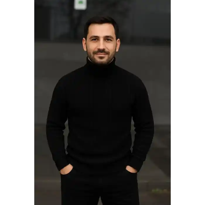 Erkek Balıkcı Yaka Bağazlı Triko Kazak Pamuklu Kalın Fitilli Dokuma, Regular Fit Uzun Kollu Kışlık Model - Siyah