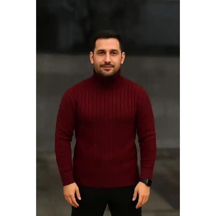 Erkek Balıkcı Yaka Bağazlı Triko Kazak Pamuklu Kalın Fitilli Dokuma, Regular Fit Uzun Kollu Kışlık Model - Bordo
