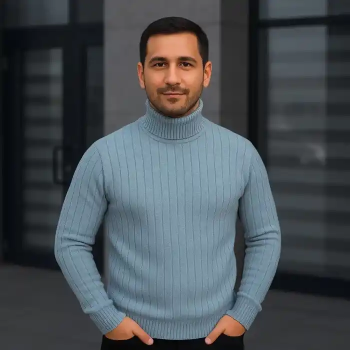 Erkek Balıkcı Yaka Bağazlı Triko Kazak Pamuklu Kalın Fitilli Dokuma, Regular Fit Uzun Kollu Kışlık Model - Bebe Mavisi