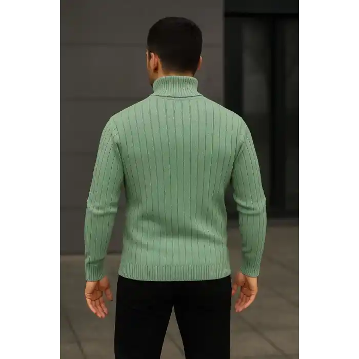 Erkek Balıkcı Yaka Bağazlı Triko Kazak Pamuklu Kalın Fitilli Dokuma, Regular Fit Uzun Kollu Kışlık Model - Mint Yeşili