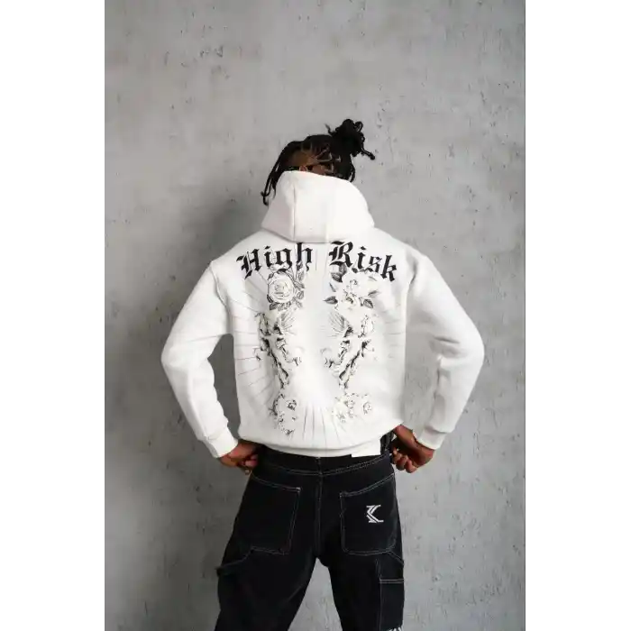 Erkek Baskılı Kapşonlu Sweat - Beyaz