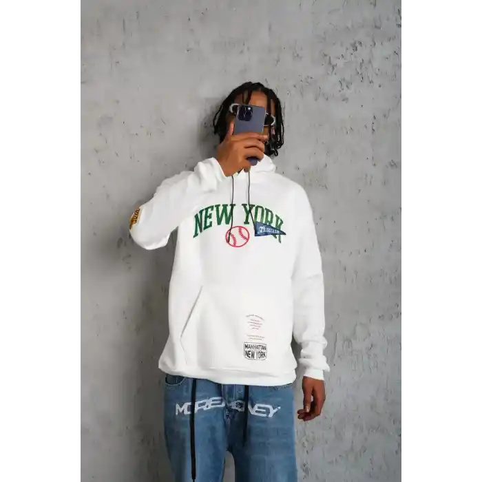 Erkek Baskılı Kapüşonlu Sweatshirt - Beyaz