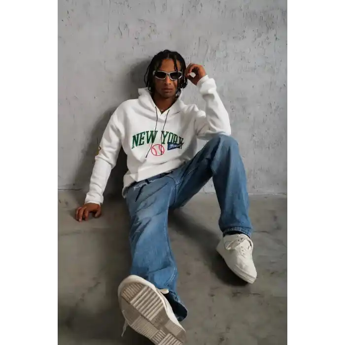 Erkek Baskılı Kapüşonlu Sweatshirt - Beyaz