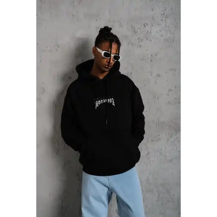Erkek Baskılı Kapüşonlu ve Kanguru Cepli Sweat - Siyah