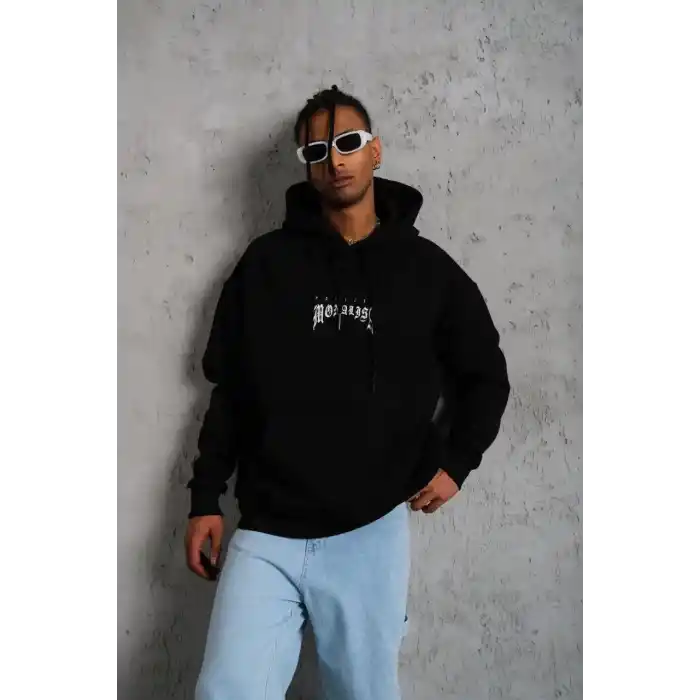 Erkek Baskılı Kapüşonlu ve Kanguru Cepli Sweat - Siyah