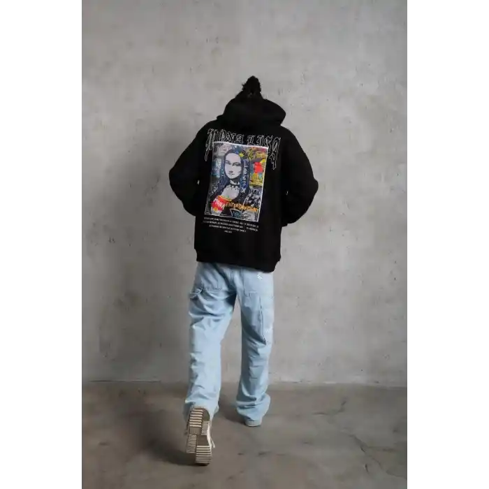 Erkek Baskılı Kapüşonlu ve Kanguru Cepli Sweat - Siyah