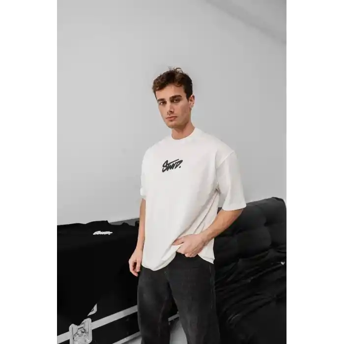 Erkek Baskılı Oversize T-shirt - Beyaz