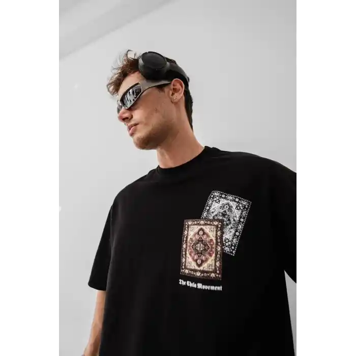 Erkek Baskılı Oversize T-shirt - Siyah