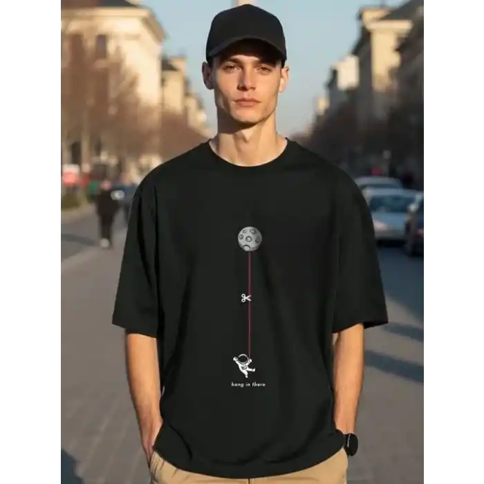 Erkek Baskılı Oversize T-shirt - Siyah