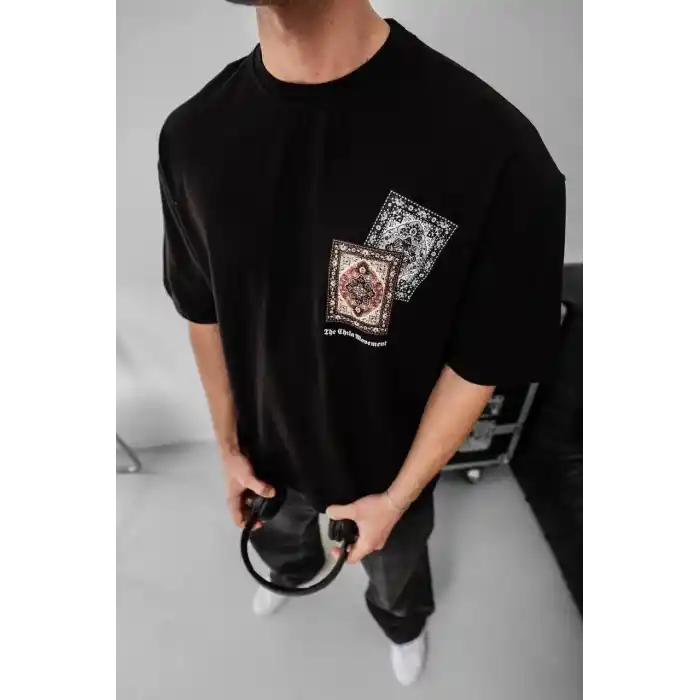 Erkek Baskılı Oversize T-shirt - Siyah