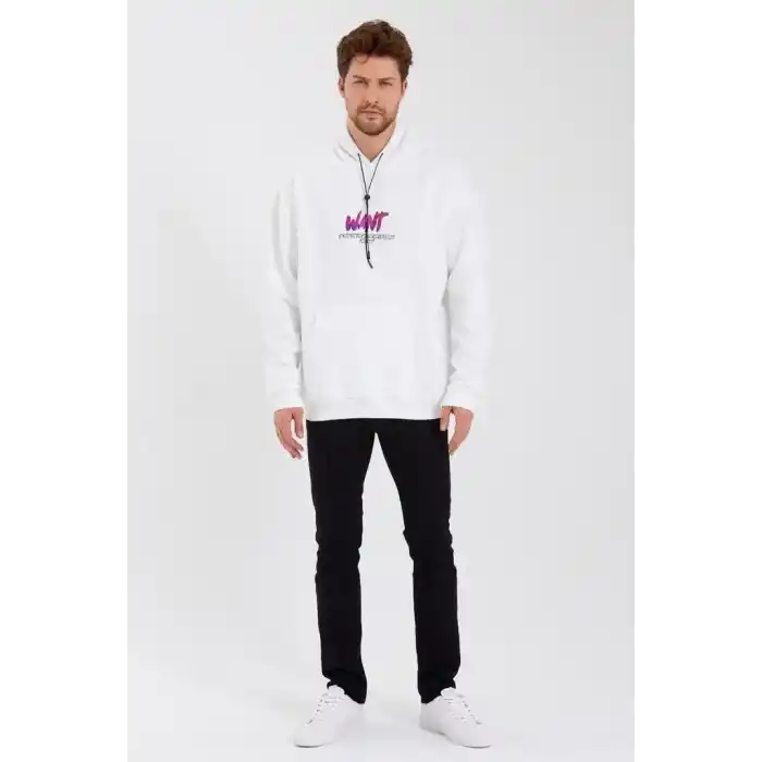 Erkek Baskılı Üç İplik Kapüşonlu Oversize Sweatshirt - Beyaz