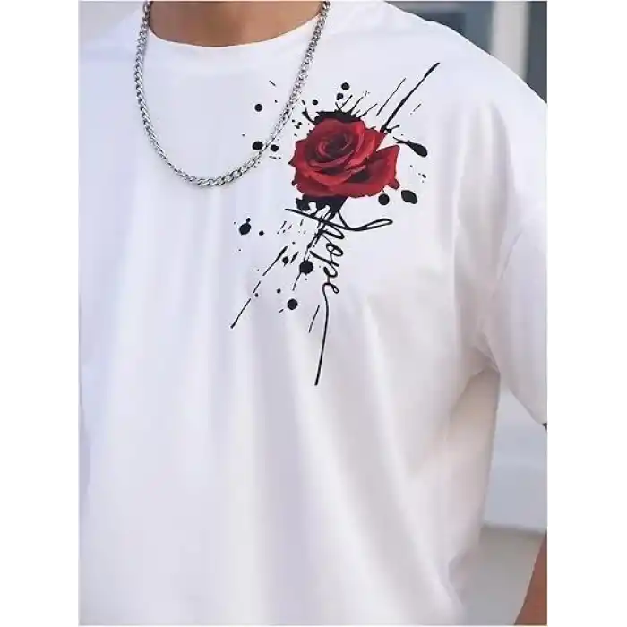 Erkek Bisiklet Yaka Kısa Kol Baskılı T-shirt - Beyaz