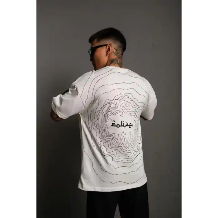 Erkek Bisiklet Yakalı Sırt Baskılı Oversize T-Shirt - Beyaz