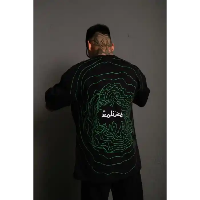 Erkek Bisiklet Yakalı Sırt Baskılı Oversize T-Shirt - Siyah