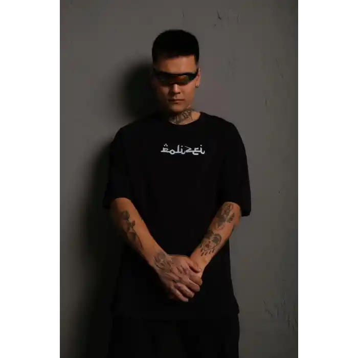 Erkek Bisiklet Yakalı Sırt Baskılı Oversize T-Shirt - Siyah