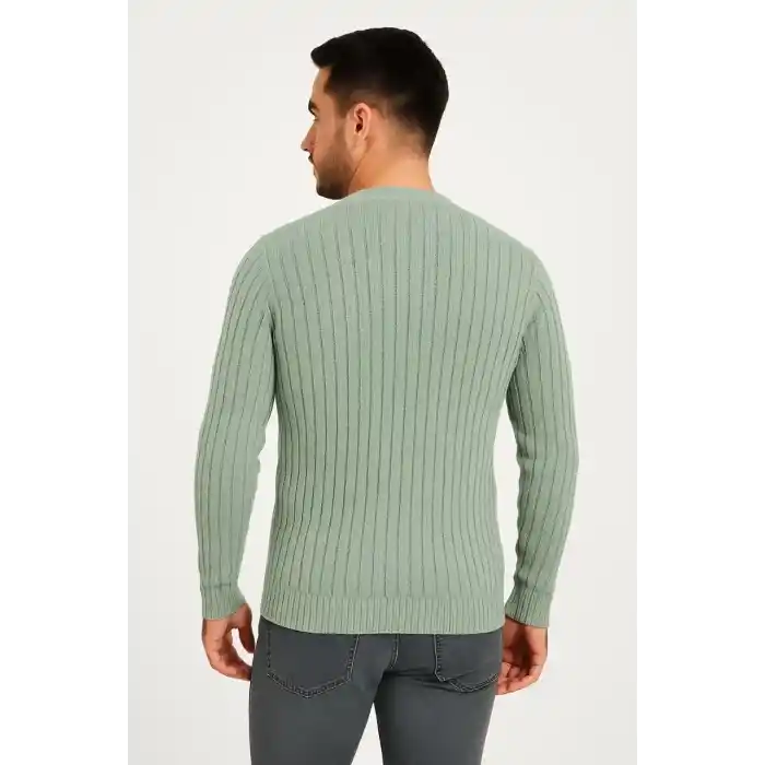 Erkek Bisiklet Yuvarlak Yaka Triko Kazak Pamuklu Kalın Fitilli Dokuma, Regular Fit Uzun Kollu Kışlık Model - Mint Yeşili