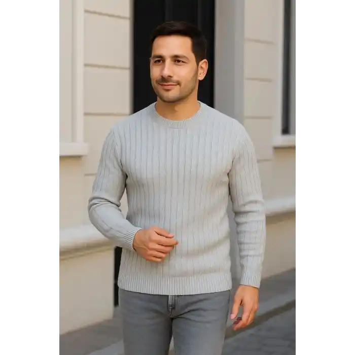 Erkek Bisiklet Yuvarlak Yaka Triko Kazak Pamuklu Kalın Fitilli Dokuma, Regular Fit Uzun Kollu Kışlık Model - Gri