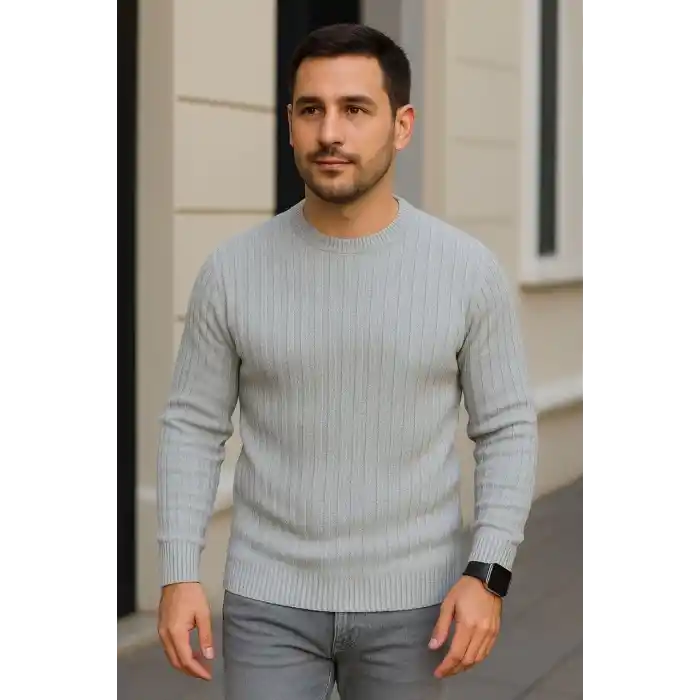 Erkek Bisiklet Yuvarlak Yaka Triko Kazak Pamuklu Kalın Fitilli Dokuma, Regular Fit Uzun Kollu Kışlık Model - Gri