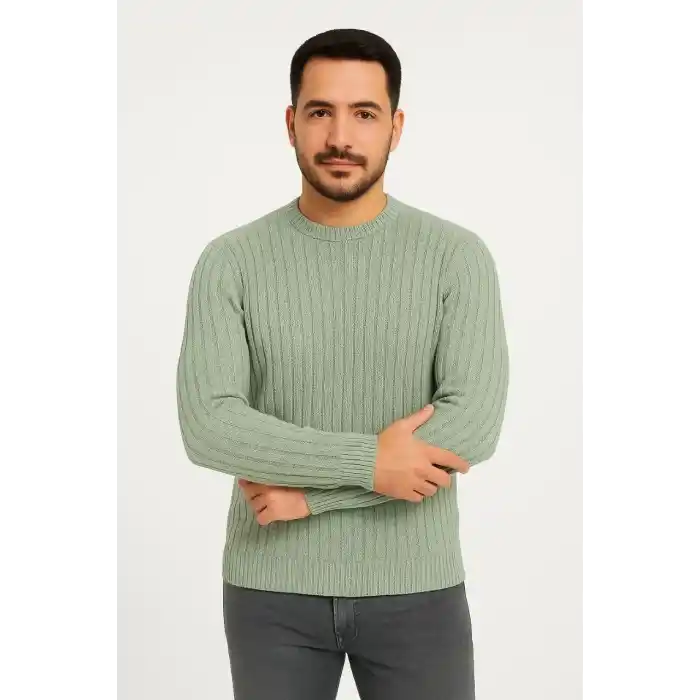 Erkek Bisiklet Yuvarlak Yaka Triko Kazak Pamuklu Kalın Fitilli Dokuma, Regular Fit Uzun Kollu Kışlık Model - Mint Yeşili