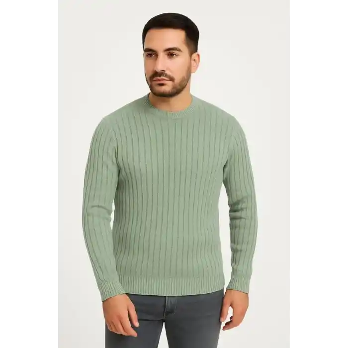 Erkek Bisiklet Yuvarlak Yaka Triko Kazak Pamuklu Kalın Fitilli Dokuma, Regular Fit Uzun Kollu Kışlık Model - Mint Yeşili