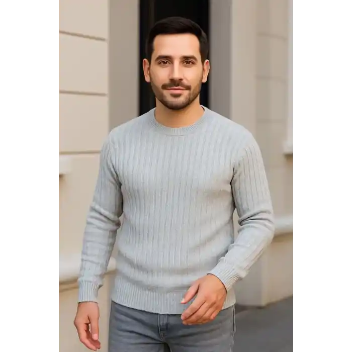 Erkek Bisiklet Yuvarlak Yaka Triko Kazak Pamuklu Kalın Fitilli Dokuma, Regular Fit Uzun Kollu Kışlık Model - Gri